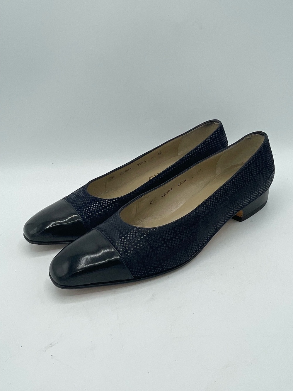 Salvatore Ferragamo Navy and Black Cap-Toe Leather Low Heel Flats